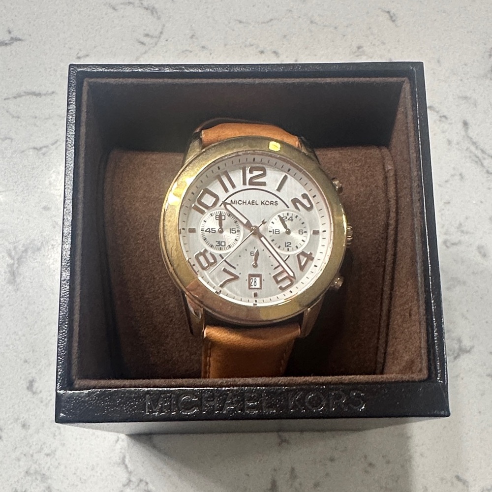 Michael Kors Gold-Tone Chronograph Watch with Tan Leather Strap